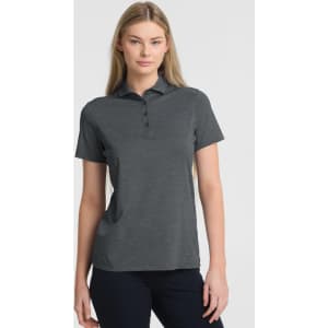 A women's short sleeve polo in dark grey, featuring a collar and a logo.