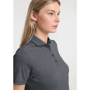 A women's short sleeve polo in dark grey, featuring a collar and button placket, with a logo on the chest.
