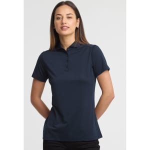 A women's short sleeve polo in navy blue, featuring a collar and a logo on the chest.