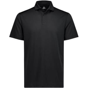 A black short sleeve polo shirt with a collar and button placket, featuring a logo on the upper side.