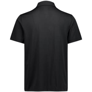 A black short sleeve polo shirt featuring a collar and a logo on the side. The back view is displayed.