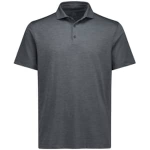 A grey short sleeve polo shirt with a collar and buttons, featuring a logo on the chest.