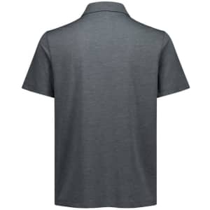 A men's short sleeve polo in a dark grey colour, featuring a classic collar and a logo on the back.