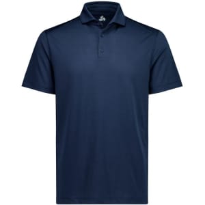 A navy short sleeve polo shirt with a collar and three buttons, featuring a logo.