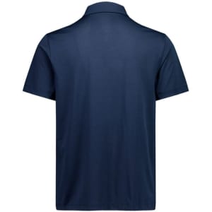 A navy short sleeve polo shirt with a classic collar and a logo on the back.