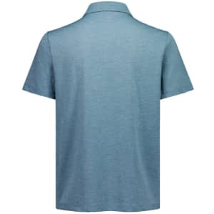 A short sleeve polo shirt in a light blue colour with a collar, featuring a logo on the back.