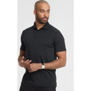 A men's short sleeve polo in black featuring a fitted design and a collar, with a logo on the chest.
