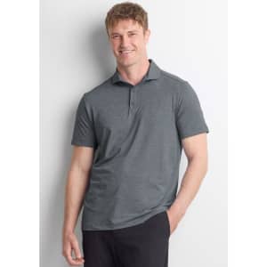 A short sleeve polo in dark grey, featuring a collar and a logo. Suitable for casual wear.