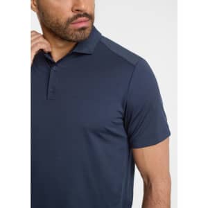 A navy blue short sleeve polo shirt for men, featuring a collar and a logo on the chest.