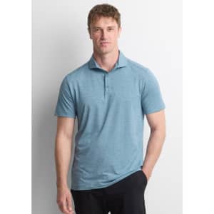A men's short sleeve polo in a light blue colour, featuring a collar and a logo.
