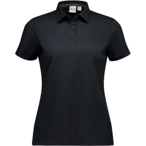A black short sleeve women's polo shirt featuring a collar and three-button placket, with a brand logo.