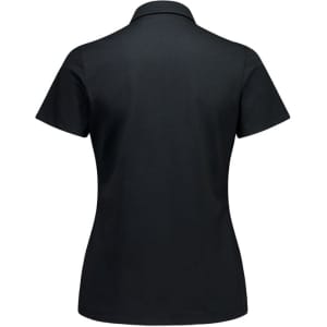 A black women's short sleeve polo shirt with a classic collar and a logo on the back.