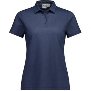 A women's short sleeve polo in navy blue with a folded collar and three-button placket. Features a logo on the chest.