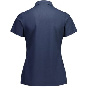 A women's short sleeve polo in navy blue with a classic collar and a logo on the back.