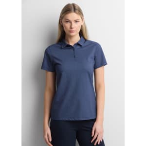A women's short sleeve polo in navy blue with a collar and a logo.