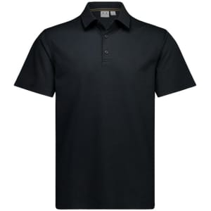 A black short sleeve polo shirt with a collar and three buttons, featuring a logo on the left chest.