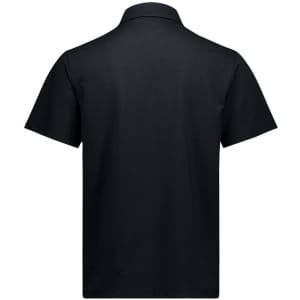 A black short sleeve polo shirt featuring a collar and a plain design. It includes a logo on the front.