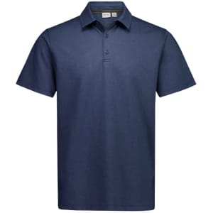 A navy short sleeve polo shirt with a collar and three buttons, featuring a logo on the chest area.