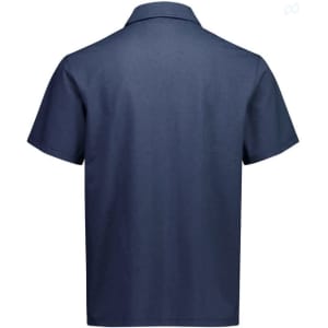 A navy short sleeve polo shirt with a collar, featuring a logo on the back.
