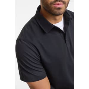 A black short sleeve polo shirt for men with a classic collar and a logo.