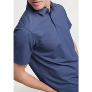 A short sleeve polo in navy blue with a collar and a branding logo.