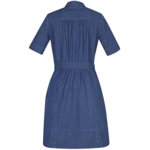A denim dress with short sleeves and a gathered waist, featuring a collar and a branding logo.