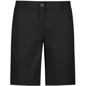 A pair of black chino shorts featuring a front button closure and pockets. The shorts have a sleek, tailored design.