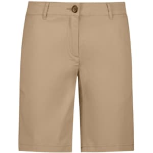 A pair of women's chino shorts in a light khaki colour, featuring a front button and pockets, with a logo.