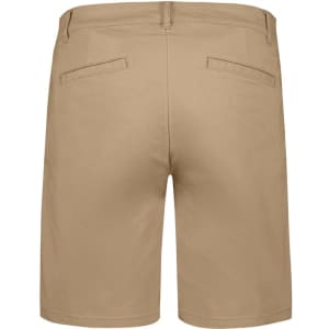A pair of women's chino shorts in a light tan colour with pockets at the back, featuring a branding logo.