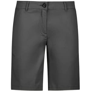 A pair of women's grey chino shorts featuring a button closure and a front pocket.
