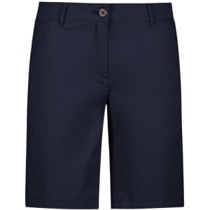 A pair of navy blue women's chino shorts with a front button closure and pockets, featuring a subtle logo.