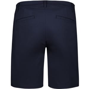 A pair of navy women's chino shorts featuring two back pockets and a standard waistband.