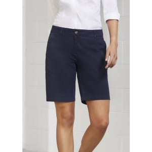 A pair of women's chino shorts in navy, featuring four pockets and a button closure, with a logo present.