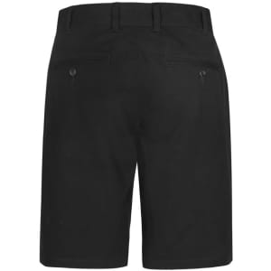 Black dress shorts featuring double back pockets and a smooth finish, with a subtle logo on the waistband.