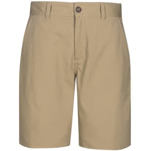 A pair of khaki dress shorts with a button closure and a branded logo on the waistband.