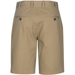 Men's dress shorts in a tan colour, featuring a back view with two buttoned pockets and a logo.