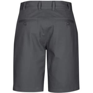A pair of grey dress shorts featuring back pockets and a sleek design. Includes a logo.