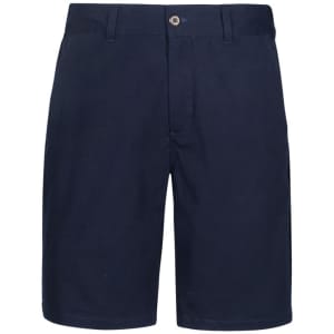 A pair of navy dress shorts with a button closure and front pockets. Features branding on the waistband.
