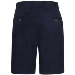 Navy dress shorts featuring a classic design with two back pockets and a simple button detail.