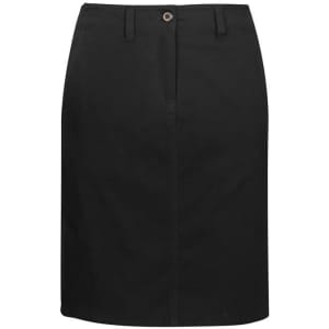 A black women's skirt with a straight cut, featuring a front zipper and waistband with a button. It has a logo on the waistband.