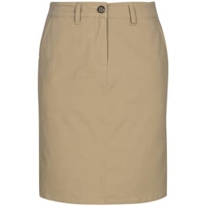 A khaki women's skirt featuring a front button closure and two side pockets. It has a simple and classic design.