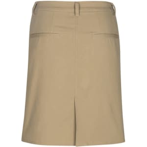 A women's khaki skirt featuring a back split and pockets, with a waistband and modern fit. Includes a logo.