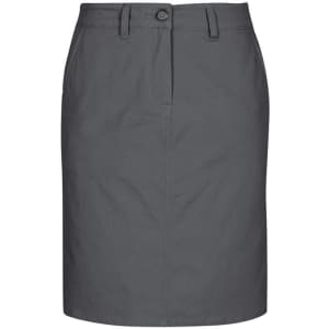 A women's skirt in a dark grey colour, featuring a button closure and a straight cut design.