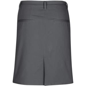 A grey women's skirt featuring a back slit and two back pockets, complete with a brand logo.