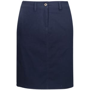 A navy skirt with a front pocket, buttons, and a tailored fit. It features a logo on the waistband.