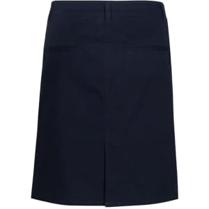 A navy women's skirt featuring a back vent and two back pockets, with a brand logo on the waistband.
