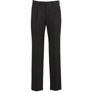 A pair of black slacks featuring a straight-leg design and a waistband with loops for a belt.
