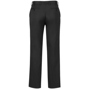 A pair of black men's slacks with a smooth finish and back pockets, featuring a waist adjuster and branding.