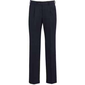 Men's regular fit trousers in navy blue with pleats; features a waistband and a logo. Suitable for formal wear.