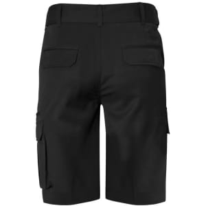 Black men's shorts with cargo pockets at the sides and back, featuring a waistband and a logo.